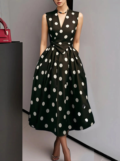 Polka Dots Sleeveless Waist Midi Dresses