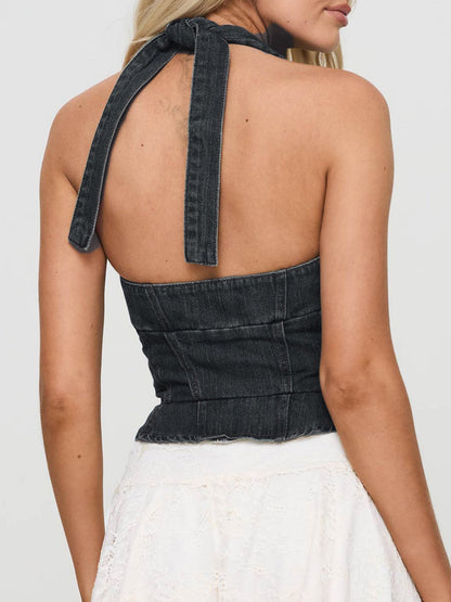 Denim Tie Buttons Halter V-neck Tank Tops&Camis