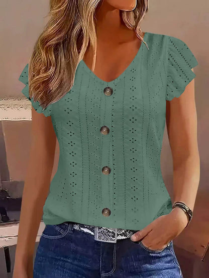 Jacquard Hollow Out Lotus Leaf Sleeves Buttons Crew Neck T-shirts