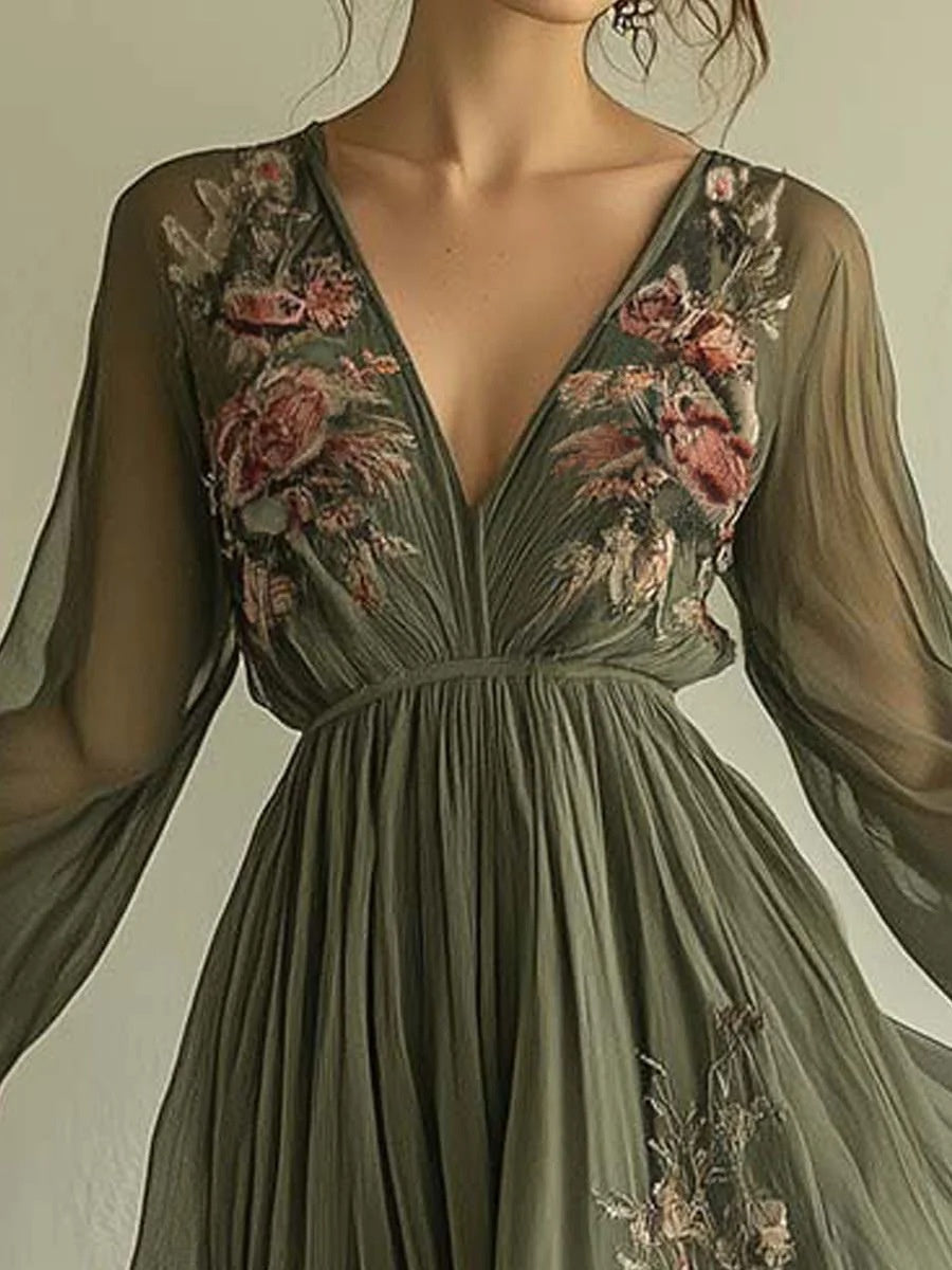 Floral Digital Positioning Printing Long-sleeved V-neck Long Dress