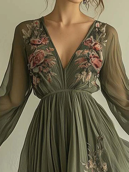 Floral Digital Positioning Printing Long-sleeved V-neck Long Dress