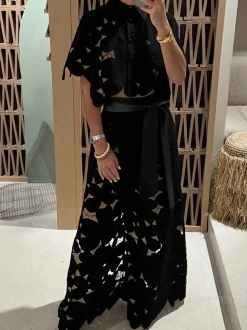 Hollow-out Cardigan Top And Wide-leg Pants Two-piece Set