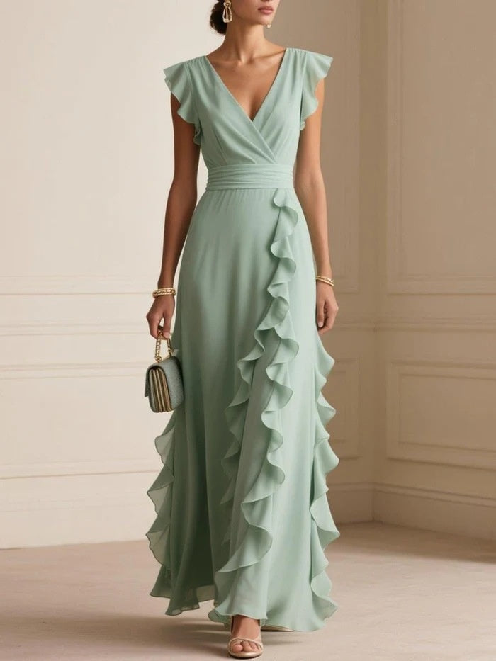 Solid Color Pleated Short Sleeve V-neck Chiffon Long Dress