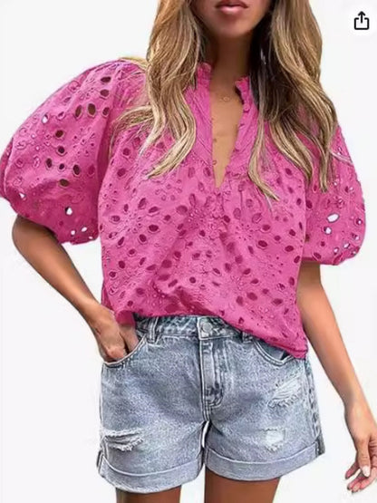 V-neck Buttons Hollow Lace Embroidery Shirts