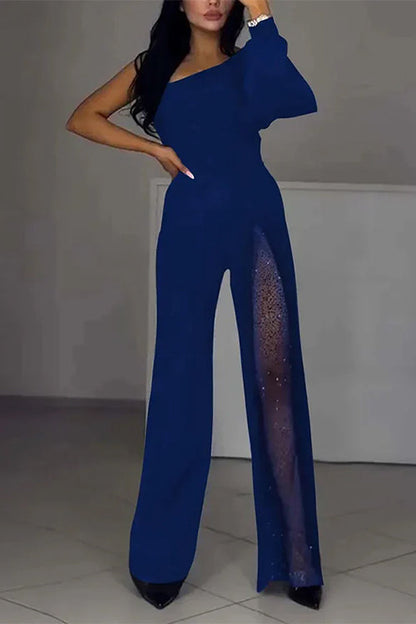 Margovil One Shoulder Long Sleeve Patchwork Wide Leg Jumpsuit