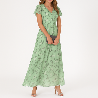Floral Print Surplice V-Neck Flutter Sleeve Cinched Waist Chiffon Maxi Dress