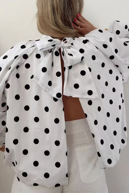 Lantern Long Sleeves Bow Back Slit Polka Dot Top
