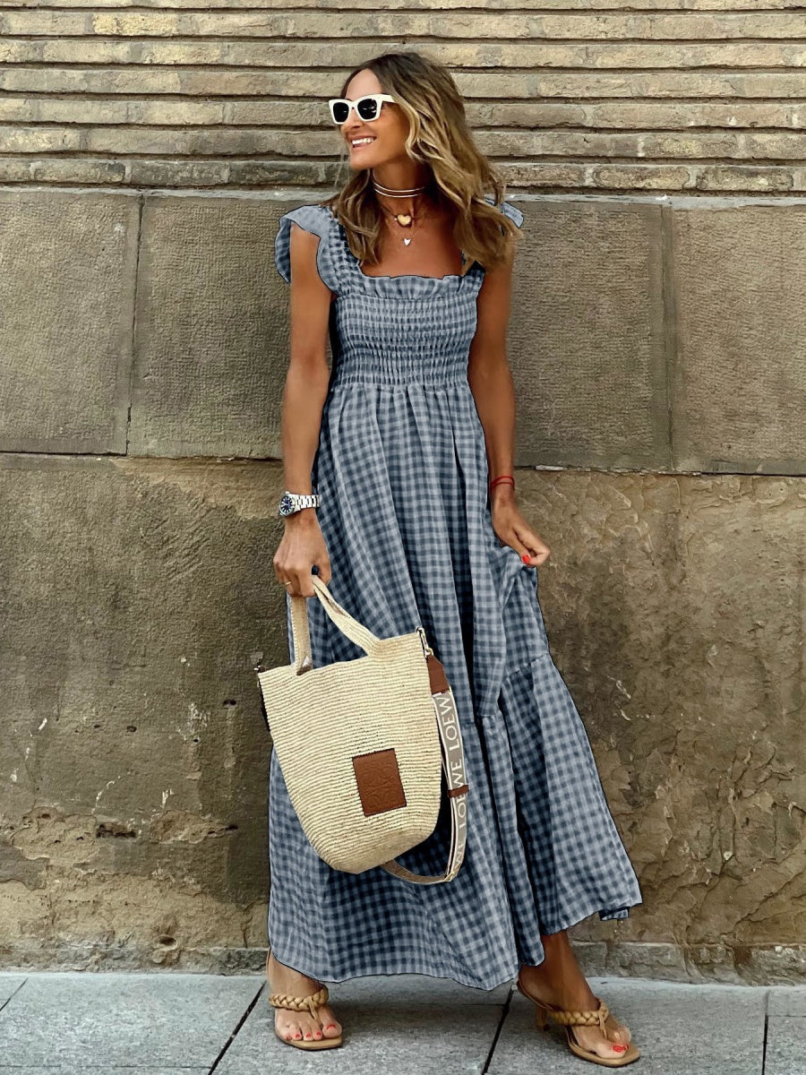 Patchwork Plaid Halter Elasticated Maxi Dress