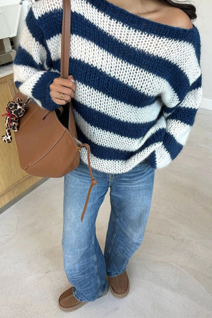 Margovil Drop Shoulder Striped Casual Pullover Sweater