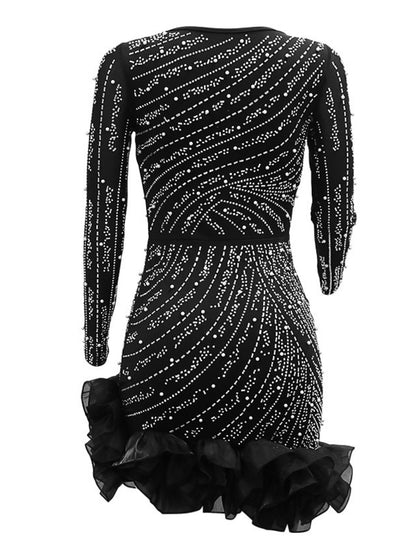3D Flowers Hot-fix Rhinestones And Bubble Beads Evening Gown Sheer Long-sleeved Square Neck Mini&Short Dresses