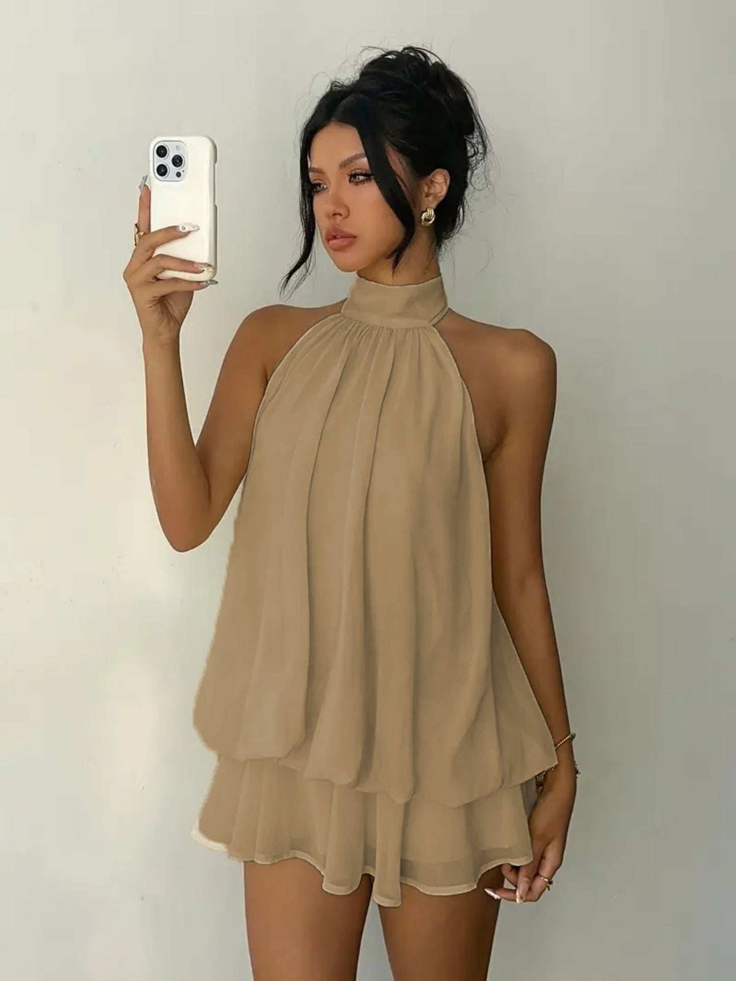 Neck Strap Backless Ruffle Mini&Short Dresses