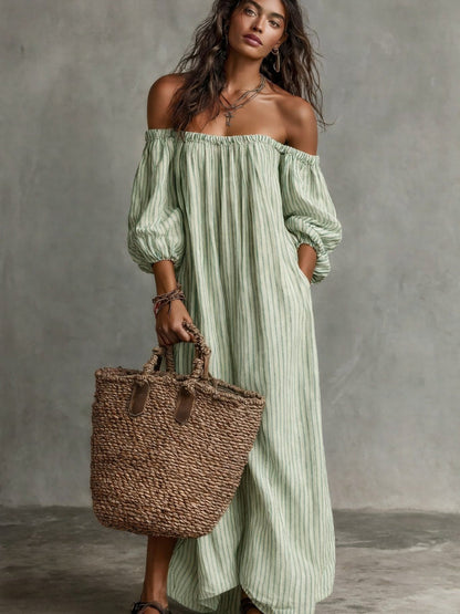 Striped Off-the-shoulder Linen Resort-style Long-sleeved Dress