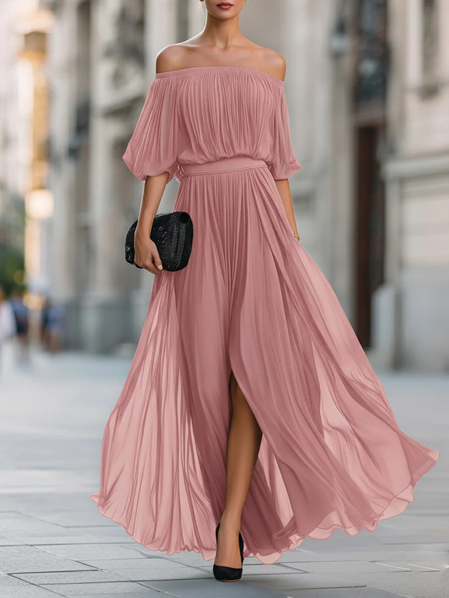 Off Shoulder Elegant Pleats Solid Color Slit Maxi Dresses