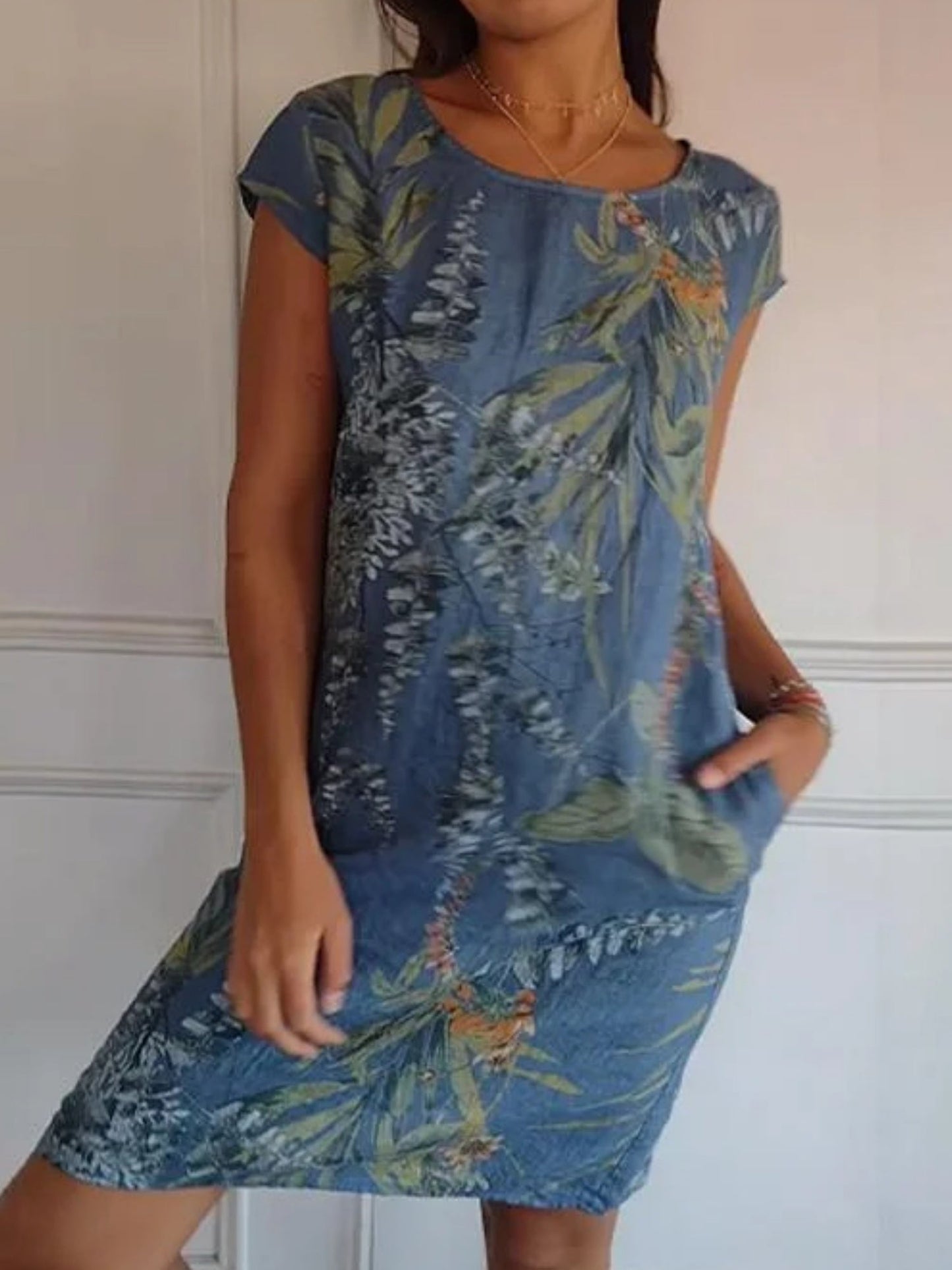 Printed Cotton And Linen Pocket Crew Neck Short Sleeve Mini&Short Dresses