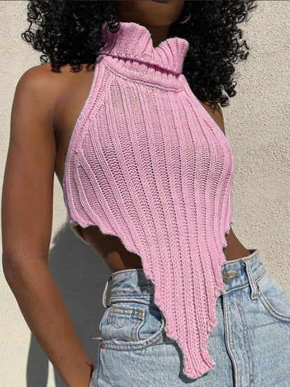 Turtleneck Irregular Hem Knitted Vest