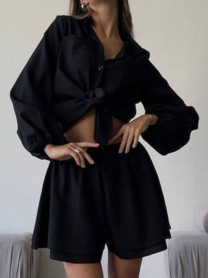 Long-sleeved Top Ruffled Shorts 2-piece Sets