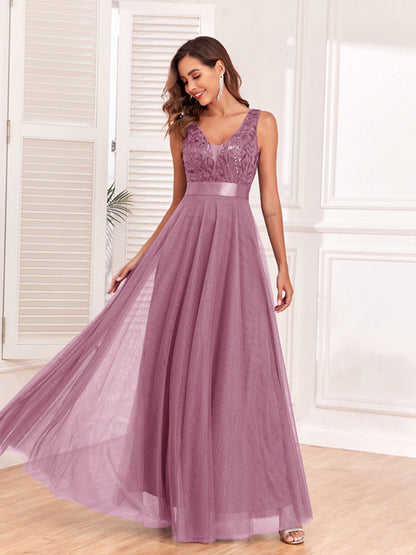 V-neck Embroidery Sequins Elegant Gauze Formal Dress Maxi Dresses