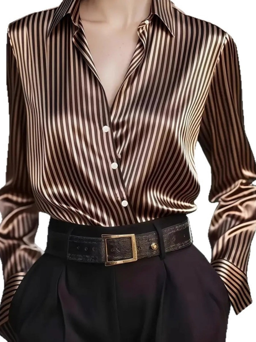 Stripes Single-breasted Slim-fit Satin Casual Shirts
