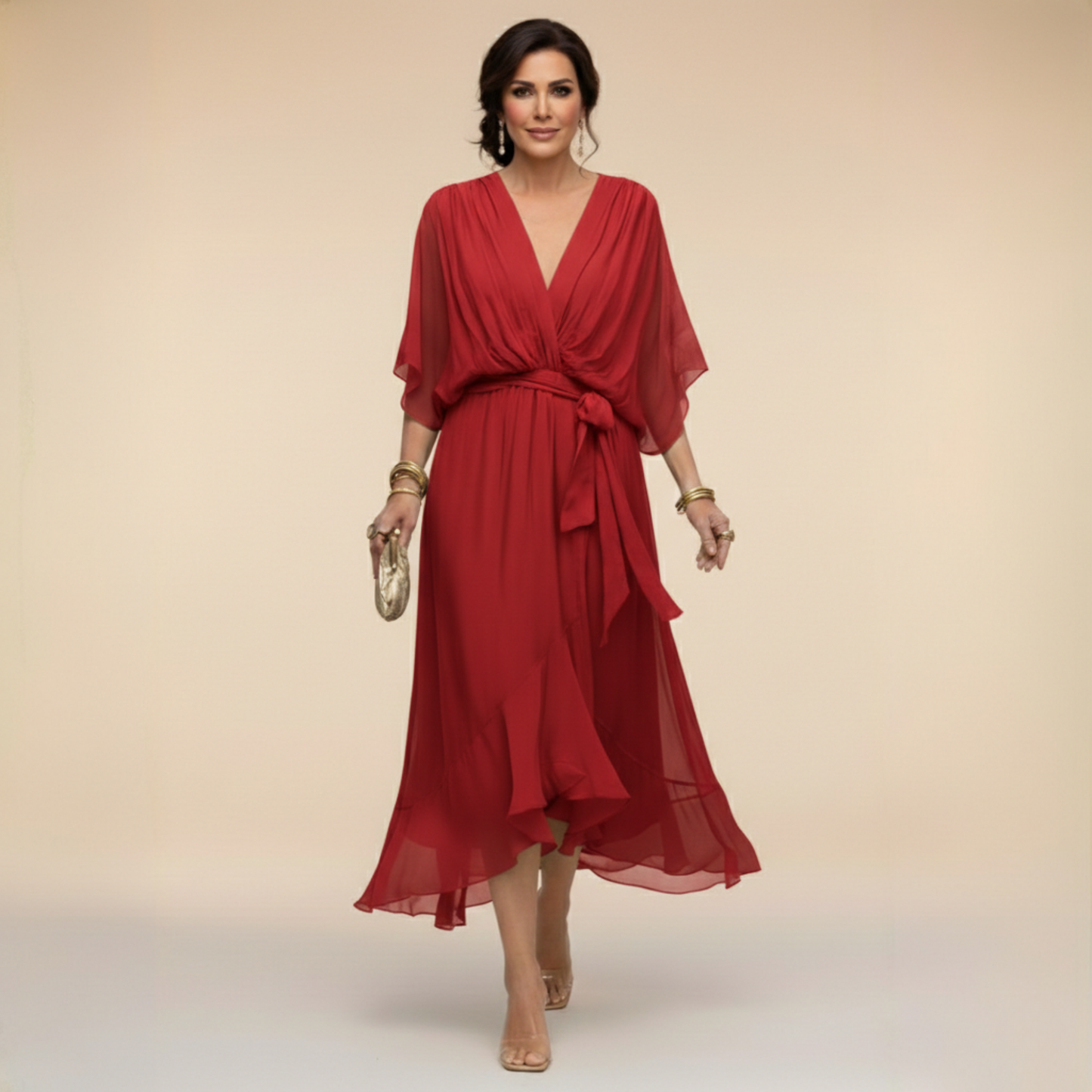Women's Elegant V-Neck Chiffon Flared Midi Dress with Belt - Perfect Wedding Guest Dress