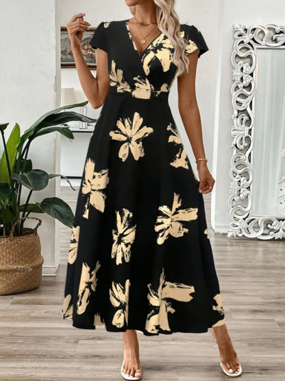 V-neck Ruffle Printed Vacation And Leisure Maxi Dresses