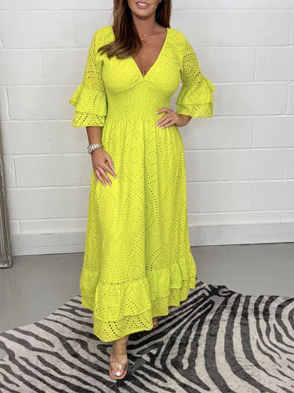 Broderie Anglaise Deep V-Neck Double Ruffle Sleeve Smocked Waist Tiered Midi Dress