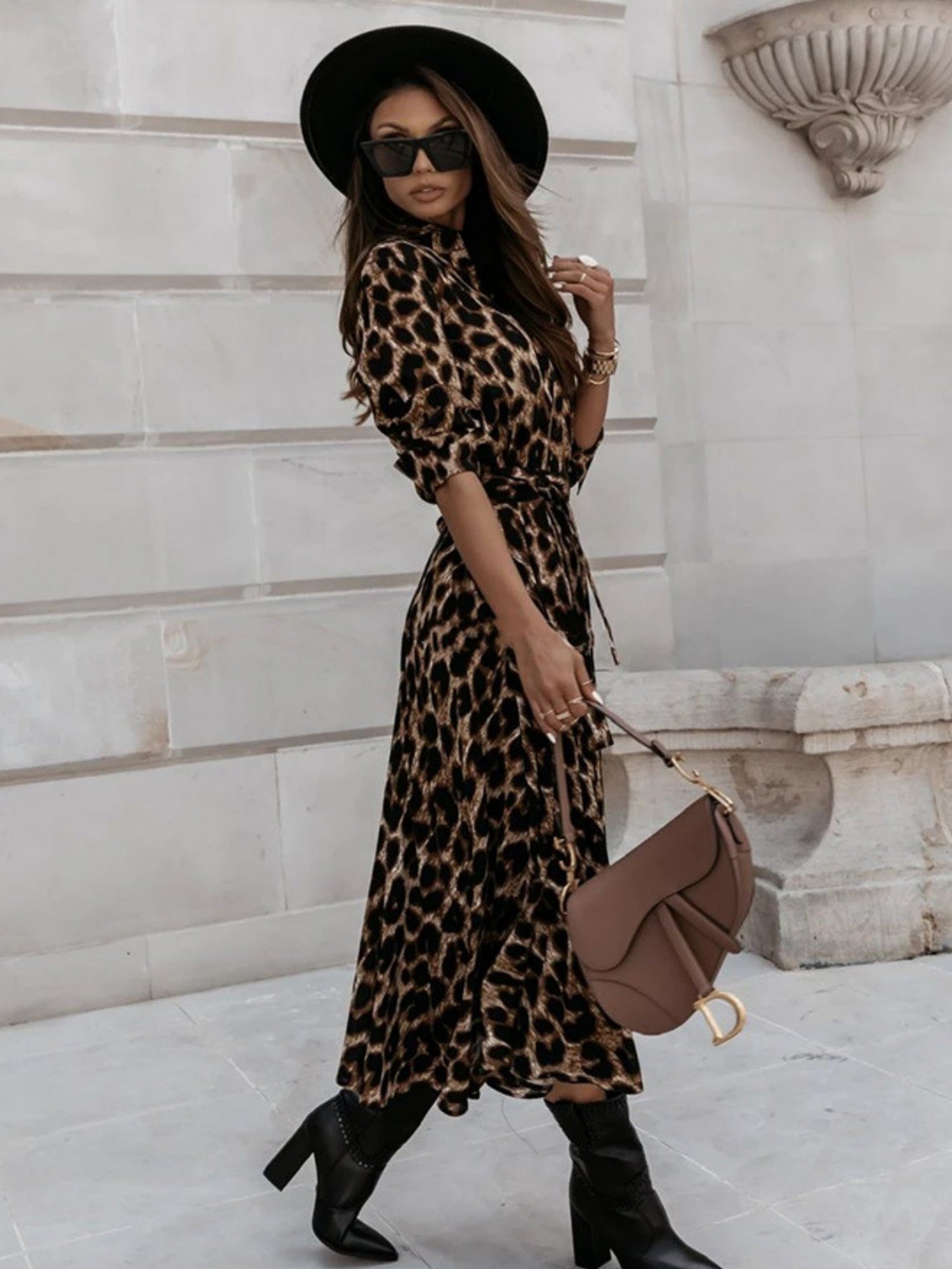 Leopard Print Long Sleeves Large Skirt Maxi Dresses