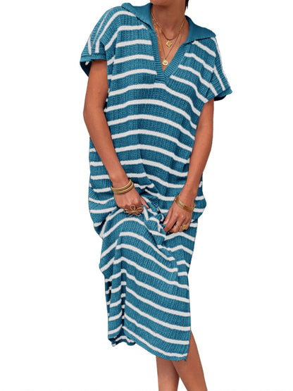 Stripes V-neck Short Sleeve Low-split Lapel Maxi Dresses