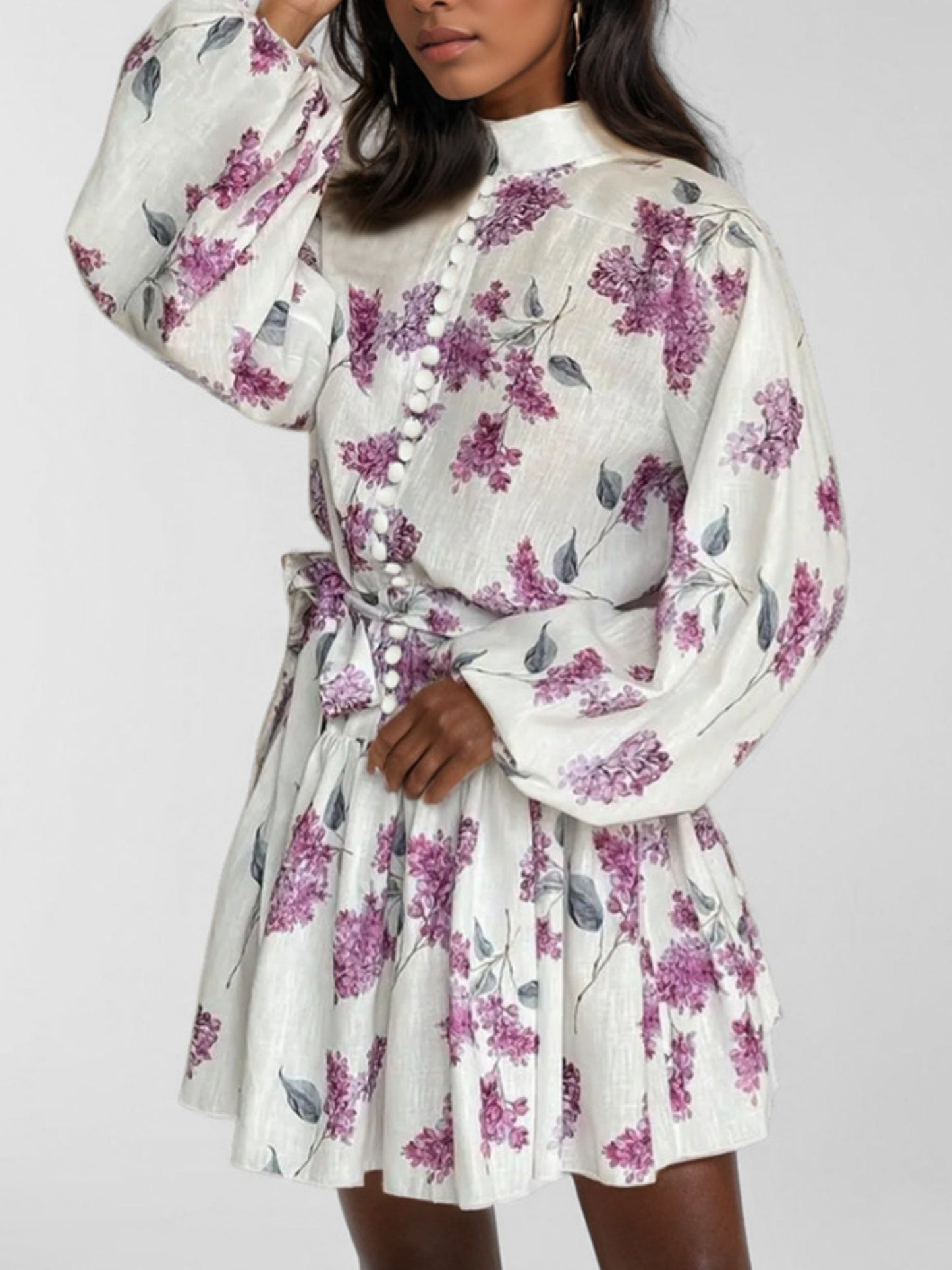 Printed Stand-up Collar Tie Balloon Sleeve Mini&Short Dresses