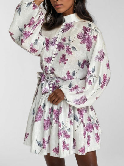 Printed Stand-up Collar Tie Balloon Sleeve Mini&Short Dresses