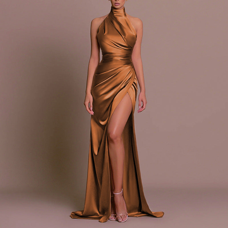Halter Stand Collar Sleeveless Slit Formal Dress Parties Maxi Dresses