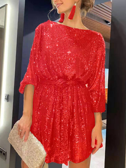 Sequins Waist Shaping Short Sleeves Mini&Short Dresses