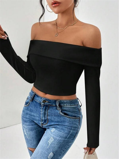 Off-shoulder Slim Fit Short Long-sleeved T-shirt