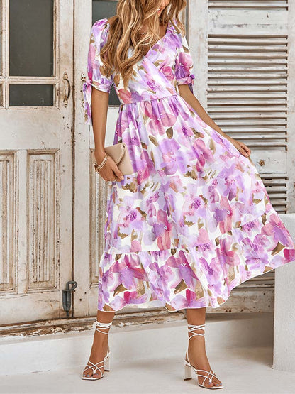 Floral Print Surplice V-Neck Tie Cuff Puff Sleeve Tiered Ruffle Midi Dress