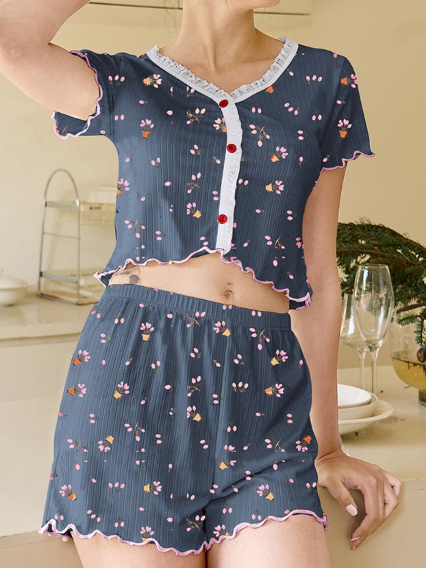 Printed Button Lace Short Sleeves And Shorts Pajama Set