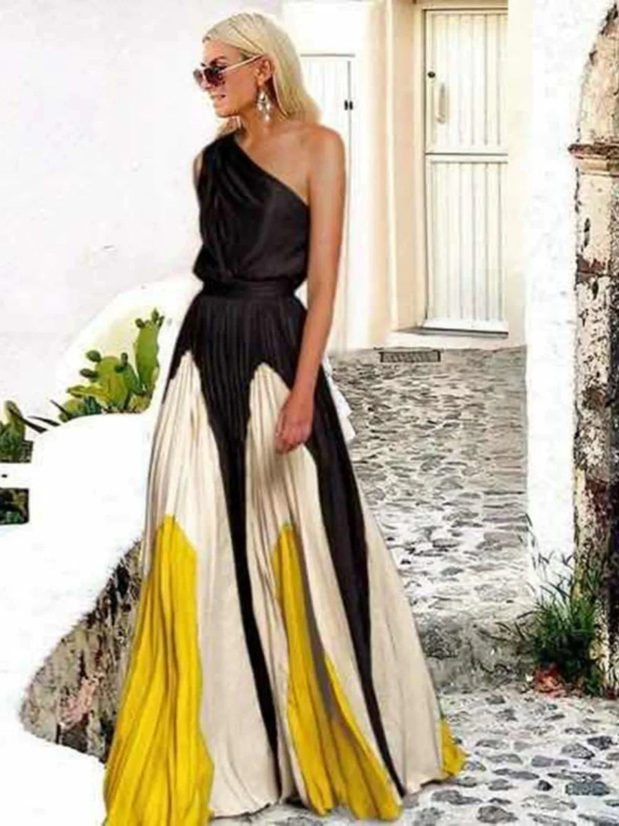 Printed Loose-fit One-shoulder Long Dress