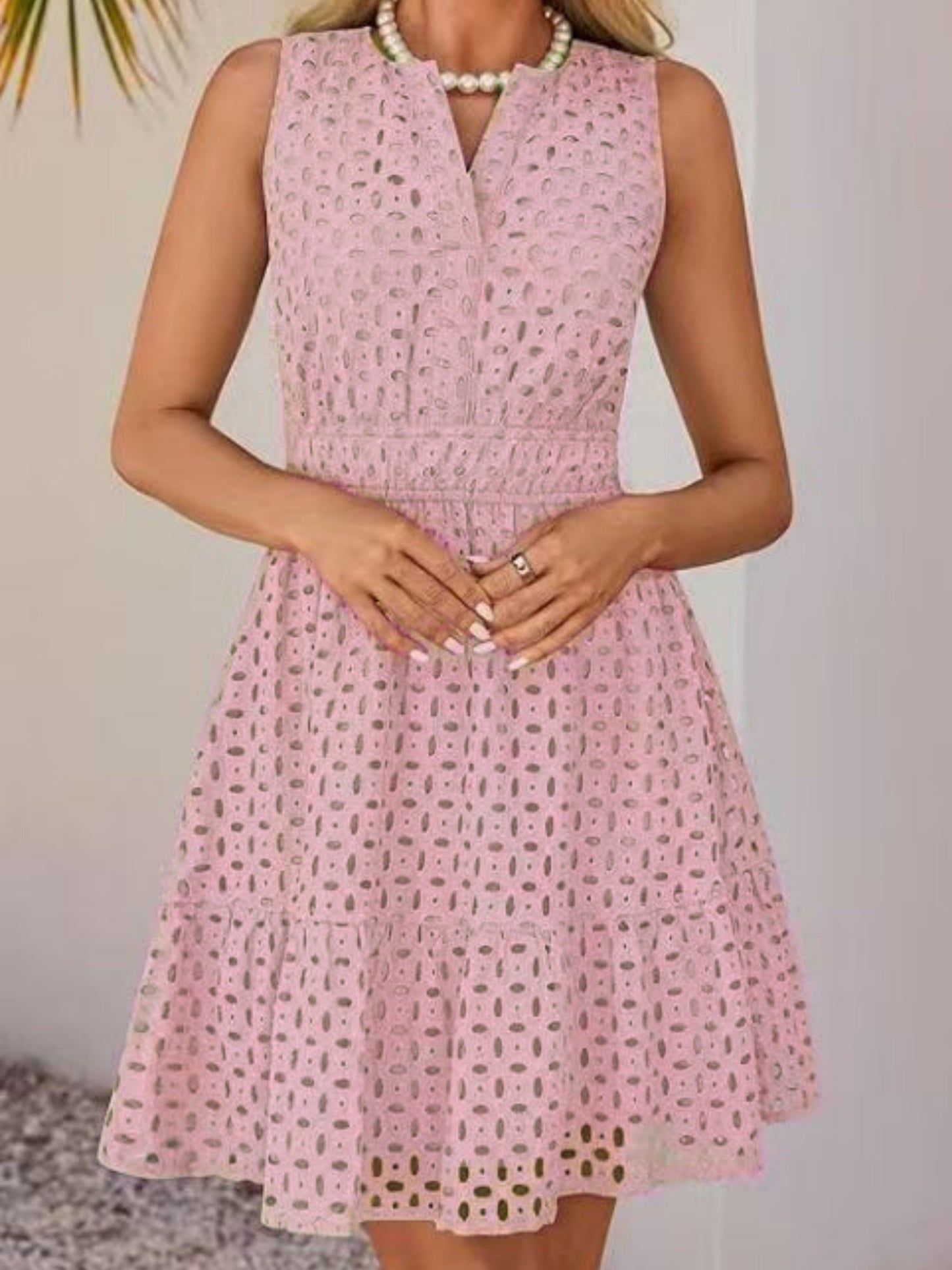 Hollow Holes V-neck Sleeveless A-line Skirt Mini&Short Dresses