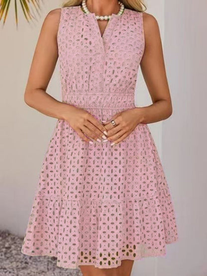 Hollow Holes V-neck Sleeveless A-line Skirt Mini&Short Dresses