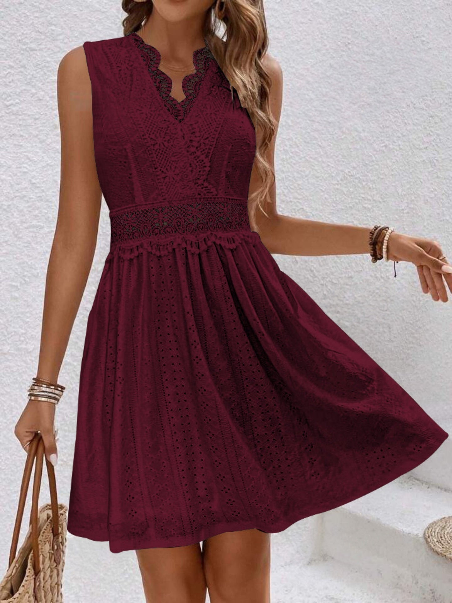 Lace Trim Openwork Jacquard V-neck, Fitted Waist Sleeveless Mini&Short Dresses