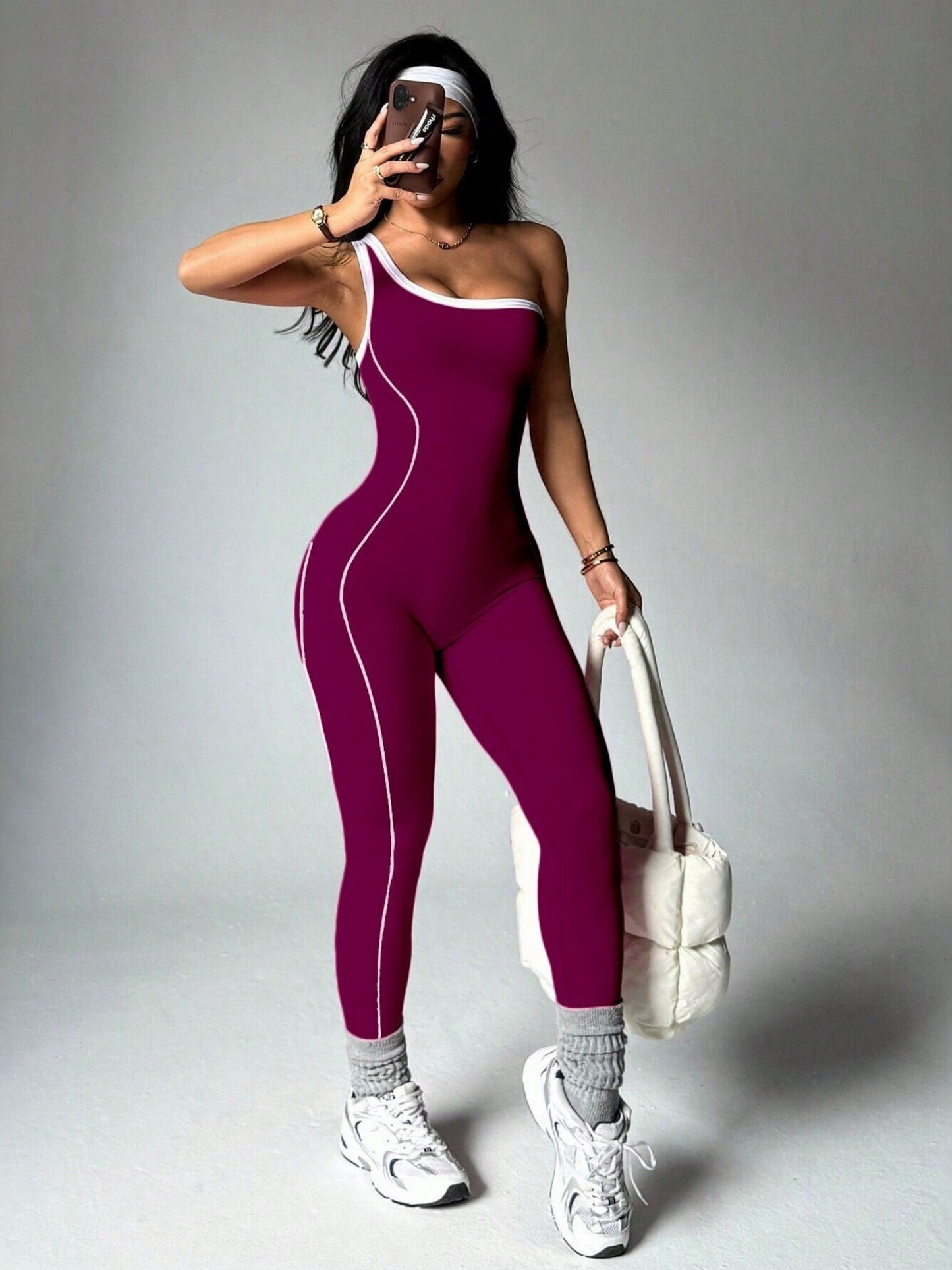 Color-blocked Stripes One Shoulder Exercise And Fitness Yoga Jumpsuits