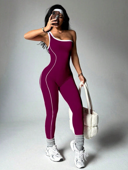 Color-blocked Stripes One Shoulder Exercise And Fitness Yoga Jumpsuits