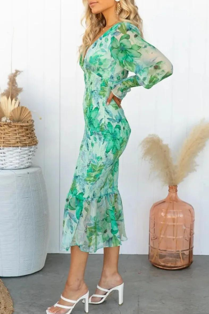 Floral Print Deep V-Neck Balloon Sleeve Smocked Trumpet Hem Midi Dress