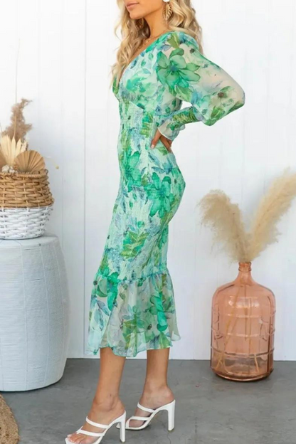 Floral Print Deep V-Neck Balloon Sleeve Smocked Trumpet Hem Midi Dress
