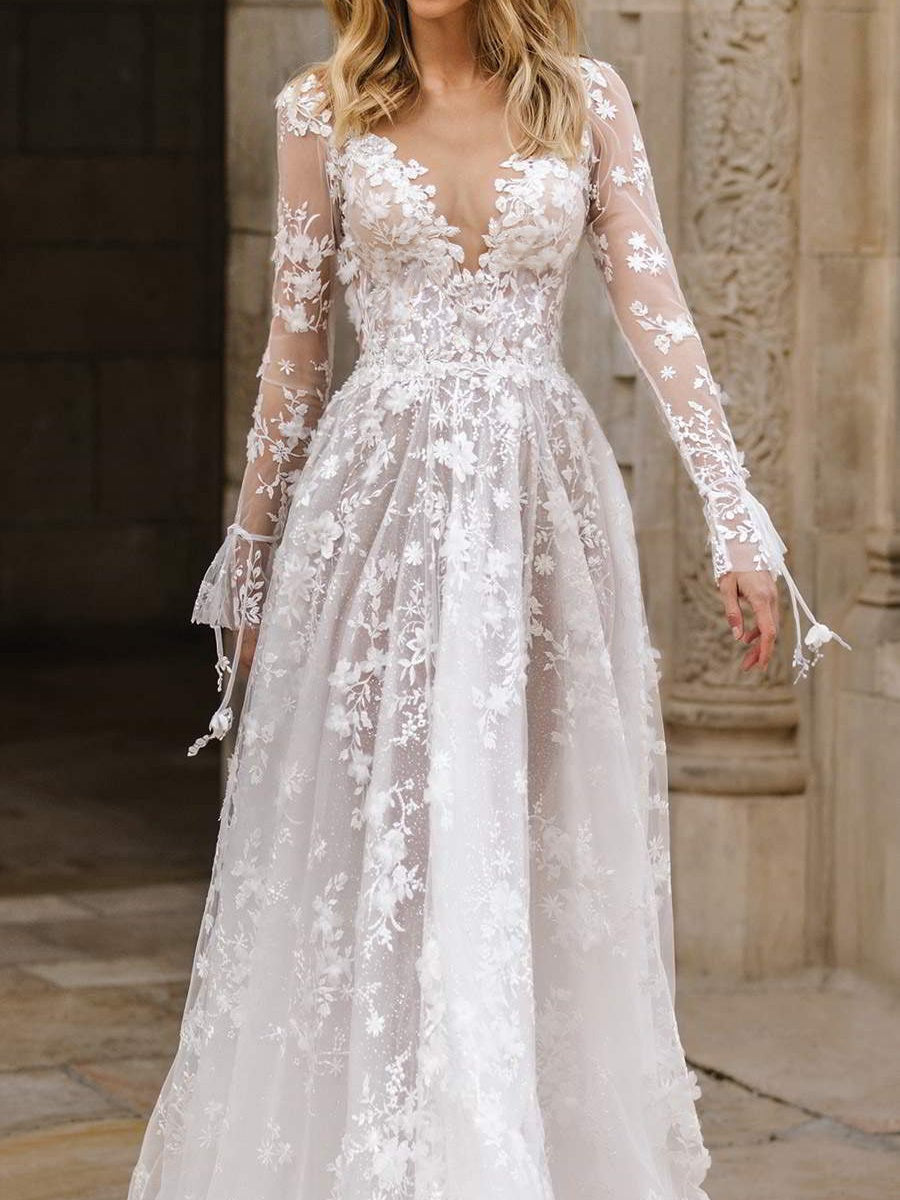 Sexy Long Sleeve V-neck Thin Bridal Wedding Maxi Dresses