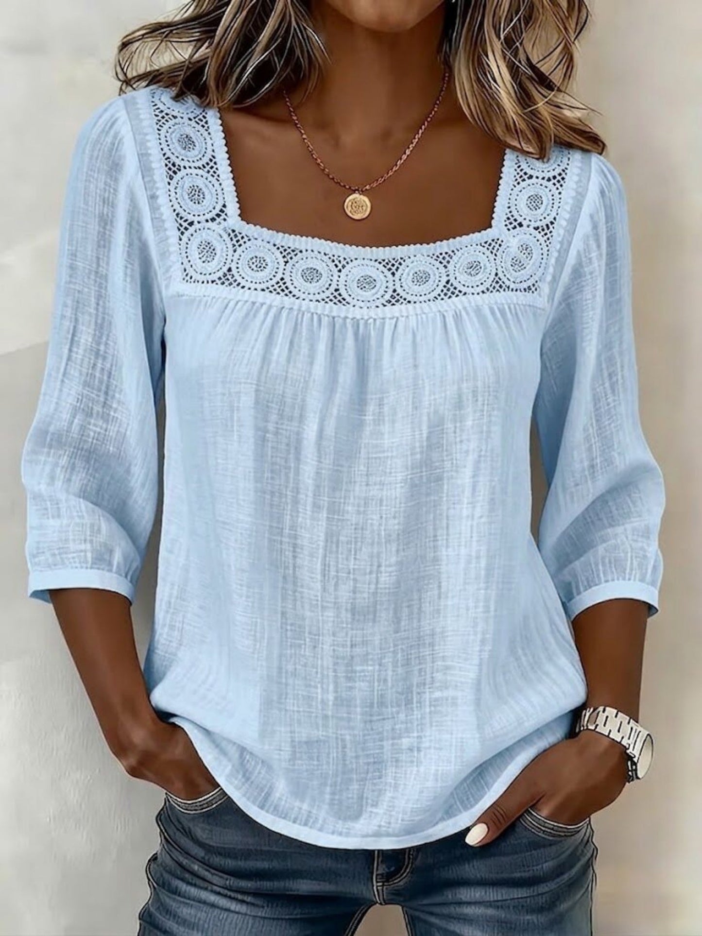 Lace Trim Cotton And Linen Square Neckline And Three-quarter Sleeves T-shirts