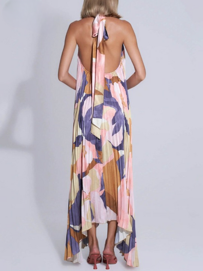 Halter Neck Plunging V Accordion Pleat Abstract Print Maxi Dress