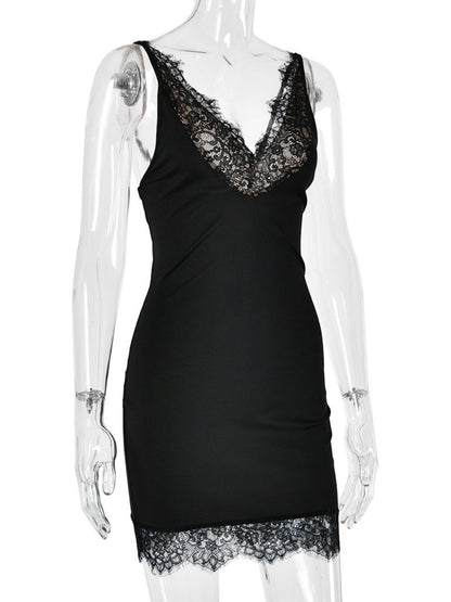 Lace Trim Deep V-neck Sleeveless Bodycon Mini&Short Dresses