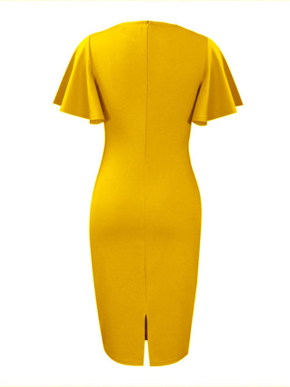 Commuting Lotus Leaf Sleeves Buttons Solid Color Mini&Short Dresses