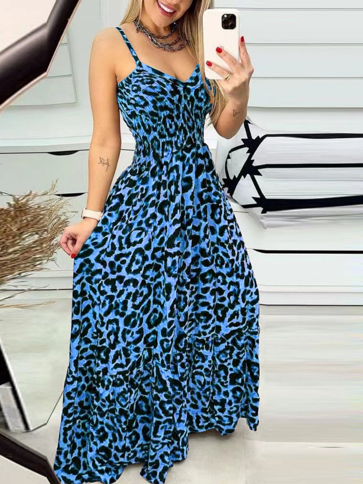 Leopard Print Spaghetti Strap Backless High-waisted And Slimming Maxi Dresses