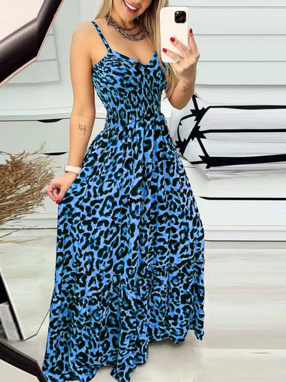 Leopard Print Spaghetti Strap Backless High-waisted And Slimming Maxi Dresses