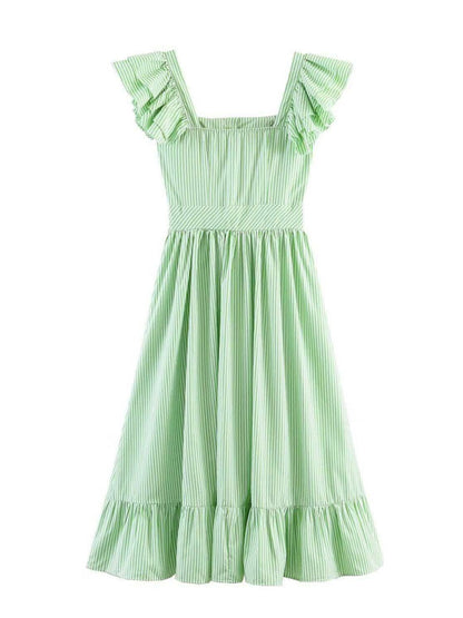Square Collar Ruffle Button Slit Big Swing Sweet Maxi Dresses